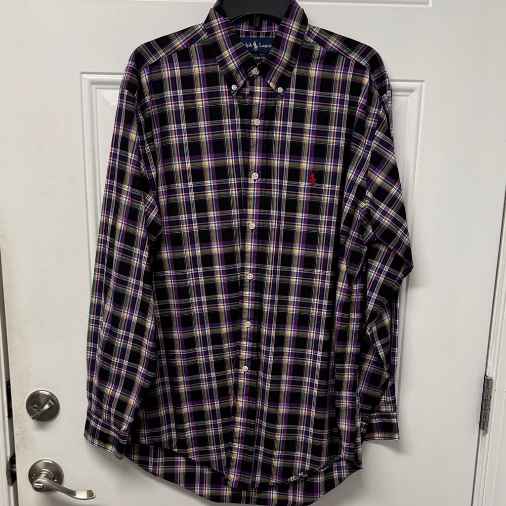 Polo by Ralph Lauren Men's Black and Purple Checkered Shirt